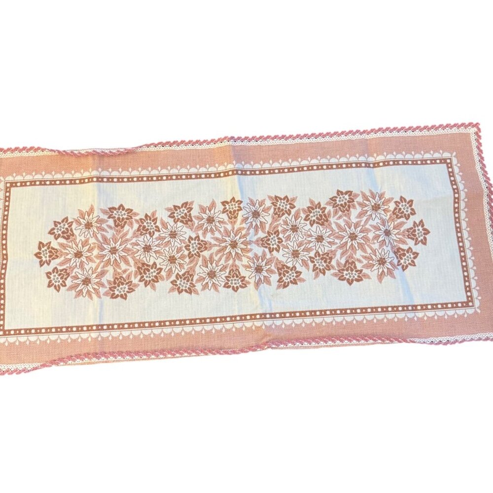 VTG Floral Lace Table Runner Pink & White Floral Designs Scalloped Edges Lace Tr